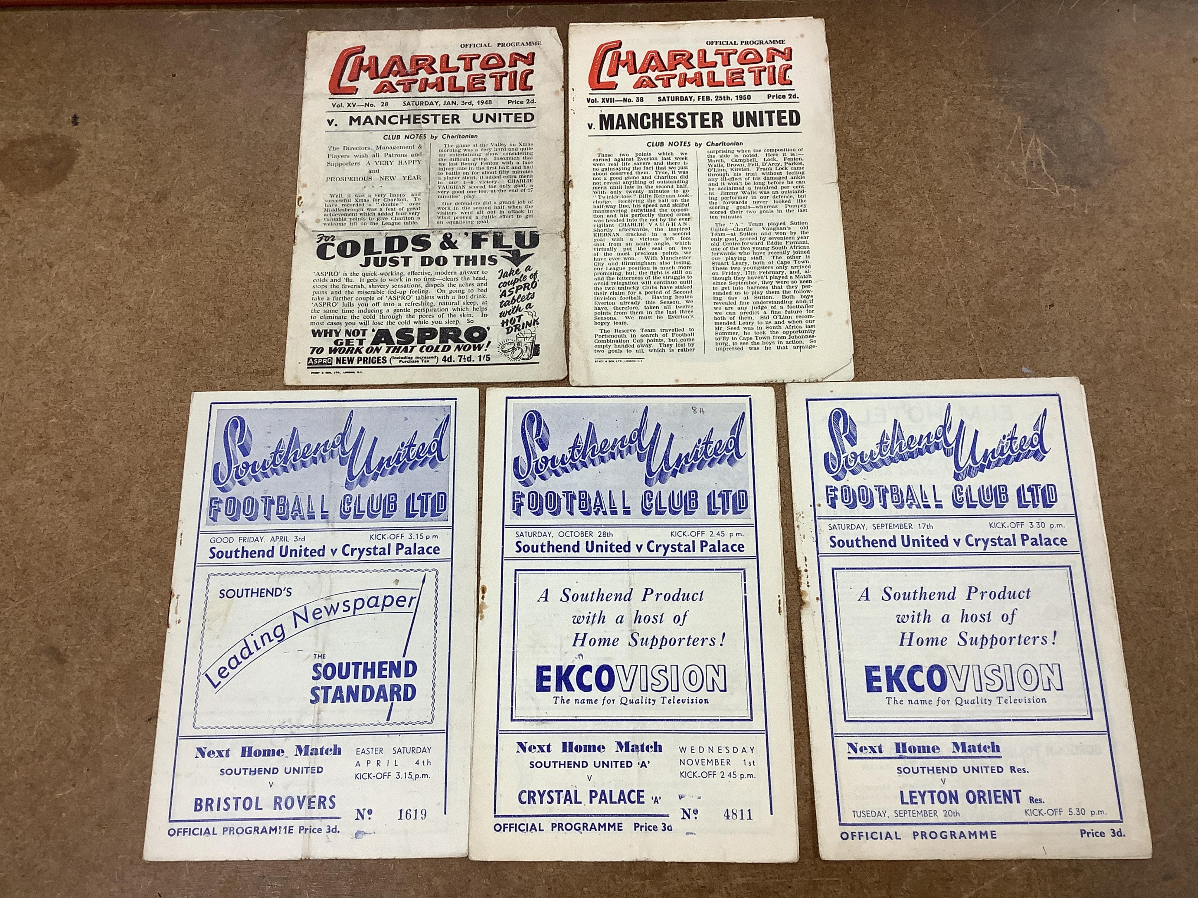 A collection of 1940s-70s football programmes, including Millwall, Fulham, Everton, Newcastle United, Crystal Palace, Leyton orient, Charlton Athletic, Brighton Hove Albion, Leicester City etc.